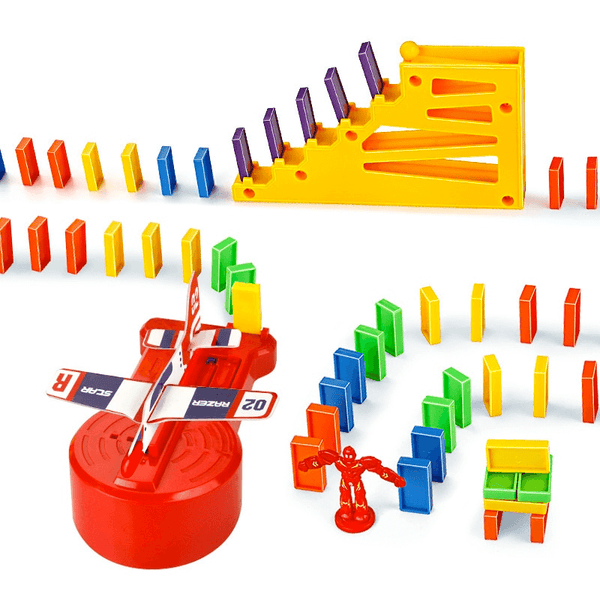 Spielzeug Zug Extra-Set mit 100 Dominosteinen, Flugzeug, Treppe und Figur